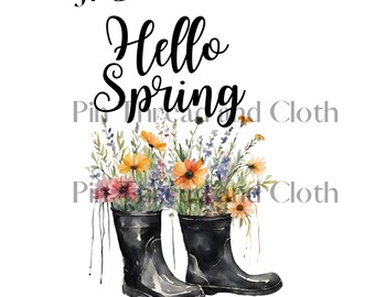 Hola ramo de flores de primavera con botas de lluvia. ARCHIVO DIGITAL SOLAMENTE. Diseños en sublimación, Tarjetas de felicitación, Camisetas. No se proporciona ningún artículo físico.