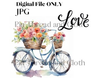 Ramo de flores en bicicleta. Amor. SOLO ARCHIVO DIGITAL. Diseños de sublimación, tarjetas de felicitación y camisetas. No se entrega ningún artículo físico.