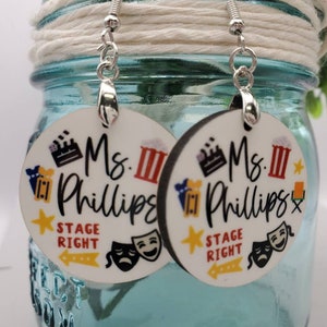 THEATER teacher, drama club, acting student, dangle earrings. Monogram thank you gifts for teacher, coaches, friends