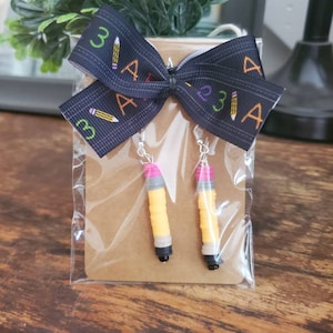 Pencil clay beads dangle earrings for teachers, school staff, educators, appreciation and thank you gifts.