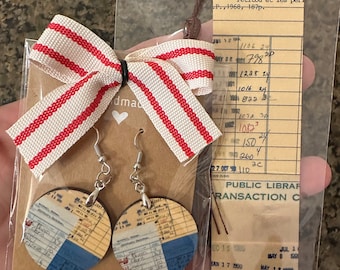 Gift set. Vintage library card print earrings and book marker. Perfect for book lovers, book clubs and librarians.