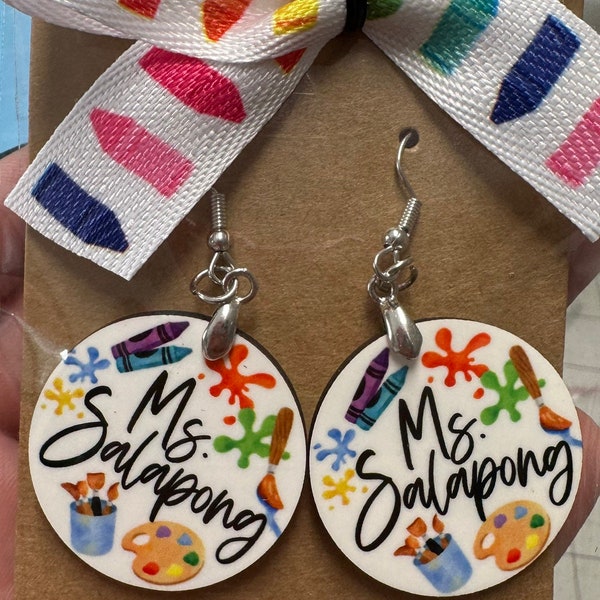 ART teacher personalized custom teacher appreciation dangle earrings. Monogram thank you gift for school educators, staff, painters artists