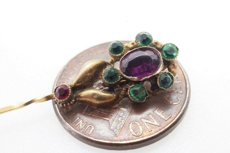 Antique European 18k Gold Garnet and Emerald Paste Flower Comet Pin c1830