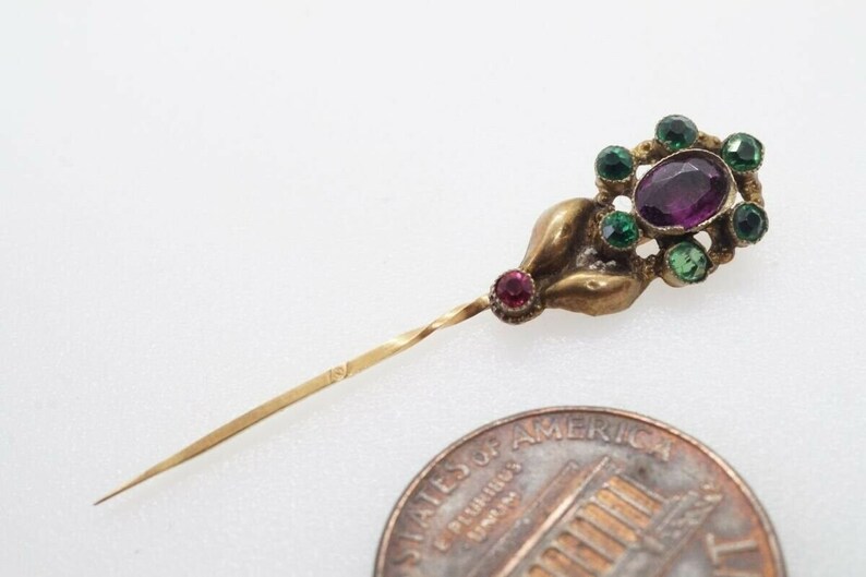 Antique European 18k Gold Garnet and Emerald Paste Flower Comet Pin c1830