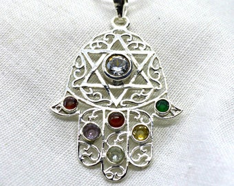 Filigree Hamsa Pendant, 925 Silver, Chakra Gemstones, Hand of Fatima Amulet