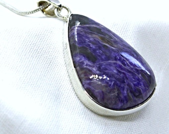 Charoite and Sterling Silver Large Pendant. Natural  Deep Purple Crystal.