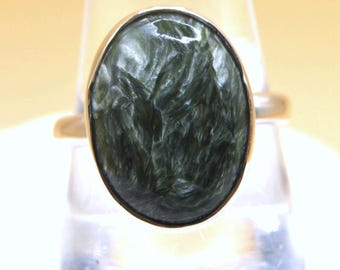 Seraphinite Sterling Silver Ring, Rare Green Crystal from Siberia (UK S, US 9.5)