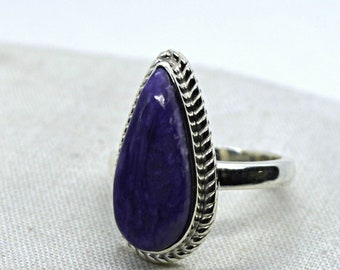 Purple Charoite 925 Silver Ring~Size L US 6~Natural Crystal