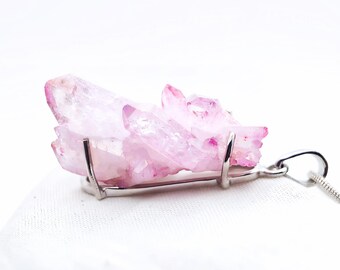 Rose Aura Quartz Sterling Silver Pendant. Natural Crystal Cluster with Platinum.