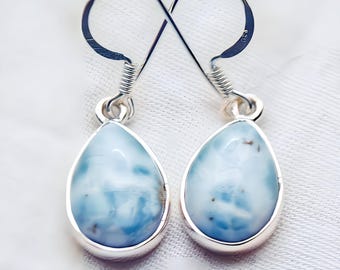 Larimar Sterling Silver Drop Earrings for Pierced Ears Natural Crystals Dolphin Stone, Blue Pectolite