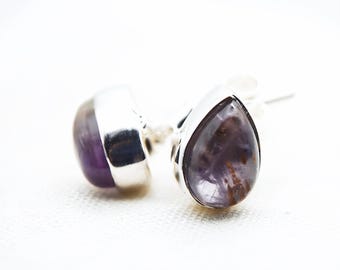 Super Seven Sacred 7 Melody Stone Cacoxenite Dainty Teardrop Studs 925 Silver Earrings Pair