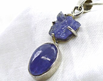 Double Tanzanite 925 Silver Pendant~Genuine Natural Crystal Cabochon & Uncut Stone.