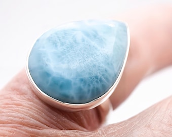 Larimar Sterling Silver Ring, Dominican Dolphin Stone, Size P US 8