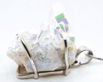 Opal Aura Quartz Cluster Pendant, Sterling Silver Frame, Platinum Rainbows (1" x 1.8")