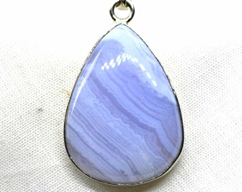 Blue Lace Agate 925 Silver Large Natural Banded Lavender Crystal Pendant.
