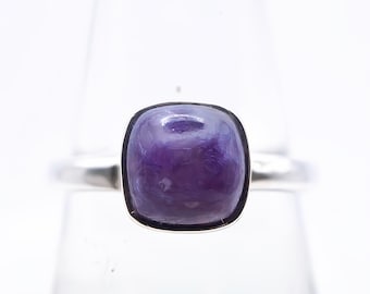 Sugilite Sterling Silver Ring Size O, US 8 Natural Purple A-Grade Crystal