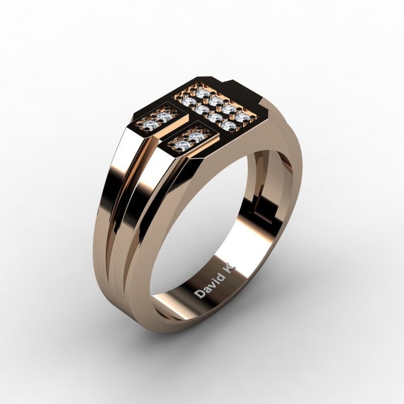 Mens Modern 14K Rose Gold Signet Diamond Ring R1089-14KRGD | Etsy