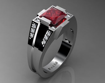 Gentlemens Modern 14k White Gold 1.3 Carat Ruby Diamond Ring | Etsy