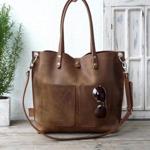 LARGE LEATHER TOTE brown, large brown leather tote bag women, large shoulder bag, large leather handbag women, Emma Frontpocket - brown!