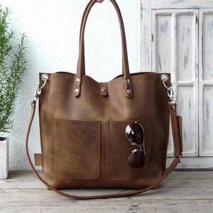 Large brown leather tote bag women, leather handbag with shoulder handles and crossbody strap, sturdy distressed leather, Emma Fp- brown!