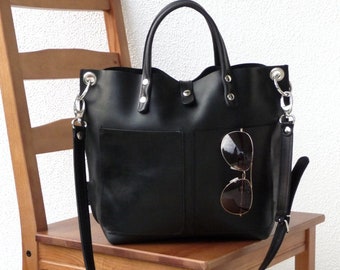 Ledertasche schwarz, kleiner Ledershopper, schwarze Ledertasche, schwarzer Ledershopper Damen, robustes Leder, Lou Frontpocket - schwarz!