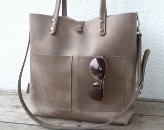 Borsa grande in pelle da donna in grigio fango, shopper grande in pelle, borsa grande in pelle, con tracolla, pelle pull up resistente di alta qualità!