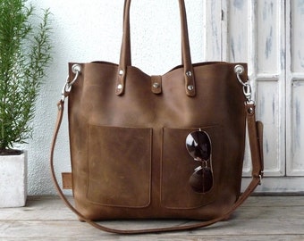 Large brown leather bag women, large market bag, Shoulder bag, Leather handbag, genuine leather, strong quality, Emma Frontpocket - brown!