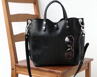 Leather bag, Leather bag black, Leather bag women, small leather shopper, handbag, small leather shopping bag, Lou Frontpocket - black!