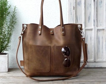 Large brown leather tote bag women, leather handbag with shoulder handles and crossbody strap, sturdy distressed leather, Emma Fp- brown!