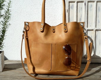 LEATHER TOTE, women leather tote, tote bag, distressed leather, naturel leather, cowhide leather, Emma Frontpocket - camel!