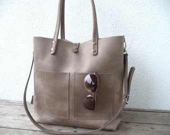 XL Leather tote, large leather tote, leather tote bag for women, leather shopping bag women, modern laptop bag, Enie frontpocket -mud-grey!