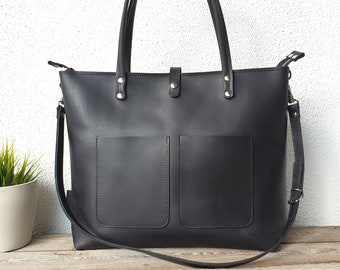 Leather tote bag extra large, women, black, premium full grain leather, for 15" laptop, oversize tote bag, top zipper, zipper pocket, strap!