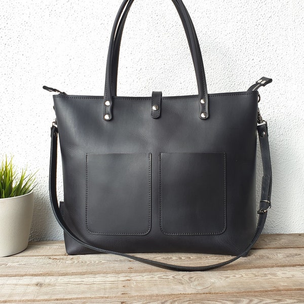 Sac en cuir extra large pour femme noir, sac de transport pour ordinateurs portables jusqu'à 15" (36 cm), sac de travail, sac de voyage, week-end, cuir véritable !