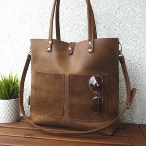 LARGE LEATHER HANDBAG women brown, large shoulder bag, high quality natural leather, lifetime quality, Enie frontpocket brown image 4