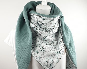 Large Muslin triangle scarf women girl, flower pattern and sage green, 100% cotton, cotton scarf for spring!