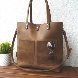 LARGE LEATHER HANDBAG women brown, large shoulder bag, high quality natural leather, lifetime quality, Enie frontpocket brown image 3