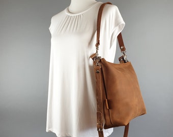 Brown leather handbag women, effortless style, caramel brown, medium size, 12" x 11", leather shoulder/crossbody bag, 2 strap options!