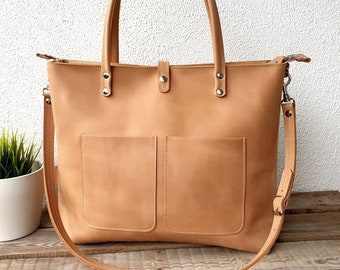 XXL Leather tote bag, oversized shoulder bag women, camel brown, for 15" laptop, top zipper, zipper pocket, full grain leather!