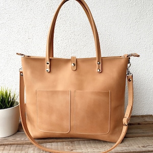 Extra große Leder Tragetasche Damen camel beige, XXL Ledertasche für Laptops bis 15" (36 cm), Arbeitstasche, Reisetasche, Weekender!