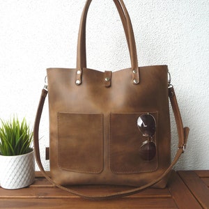 LARGE LEATHER HANDBAG women brown, large shoulder bag, high quality natural leather, lifetime quality, Enie frontpocket brown image 2