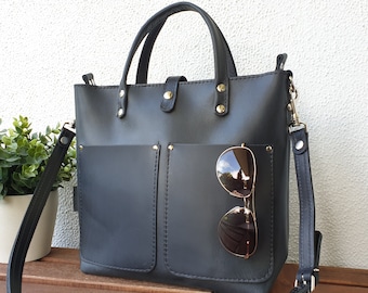 BLACK LEATHER TOTE bag women, small leather tote bag with zipper options, crossbody leather handbag women, small leather shopper, Lenie!