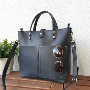 Zwart lederen handtas dames, zwart lederen schoudertas dames, kleine lederen tote tas met opties, lederen tas Crossbody, Lenie afbeelding 1