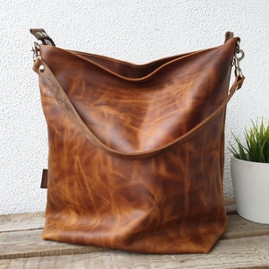 Large leather shoulder bag women cognac brown, top zipper, strong shoulder strap, 16" w, 14" h, 6" d, 28 oz lightweight, minimalistic style!