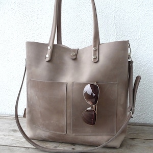 XL Leder Tragetasche Damen schlammgrau, Ledertasche für Laptop/Tablet bis 13", hochwertiges Rindleder, Enie Frontpocket - grau!!