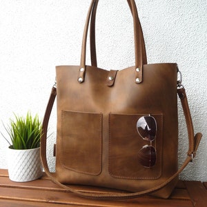 LARGE LEATHER HANDBAG women brown, large shoulder bag, high quality natural leather, lifetime quality, Enie frontpocket brown image 1