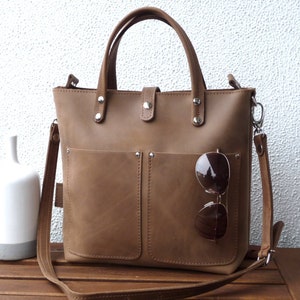 SMALL LEATHER TOTE bag women brown, small leather shopper women brown, zipper options, tote bag, crossbody strap, top handle bag, Lenie!