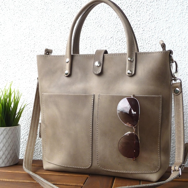GRAY LEATHER BAG women, leather handbag, small leather tote with zipper options, crossbody bag, top handle bag, high quality,  Lenie - grey!