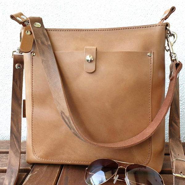 LEDER SCHULTERTASCHE DAMEN braun, Leder Crossbody Tasche Damen braun, mit kurzem Schultergurt und/oder langem Crossbody Gurt!