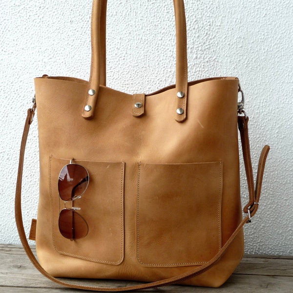 Large leather shoulder bag women, genuine sturdy but smooth cow leather camel brown, Shopping bag, minimalistic, Enie Frontpocket - camel!