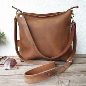 Leather purse for women, leather handbag, caramel brown, effortless style, medium size, 12 x 11, shoulder/crossbody bag, 2 strap options image 1